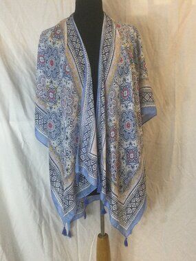 Mark & Hall Polyester Scarf Shawl Beach Wrap Blue White Floral Boho Light Weight